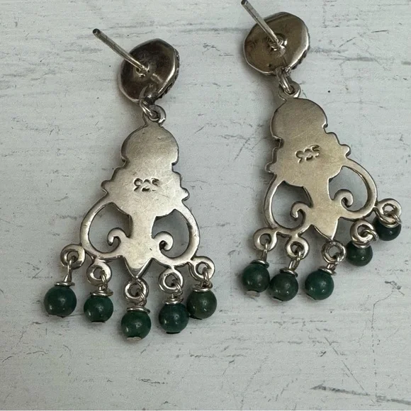 Vintage Elegant Sterling Silver and Turquoise Pirced Dangle Earrings - Picture 4 of 8